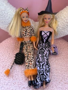 Barbie Halloween Doll Lot Witch & Leopard Costume w Accessories Mattel